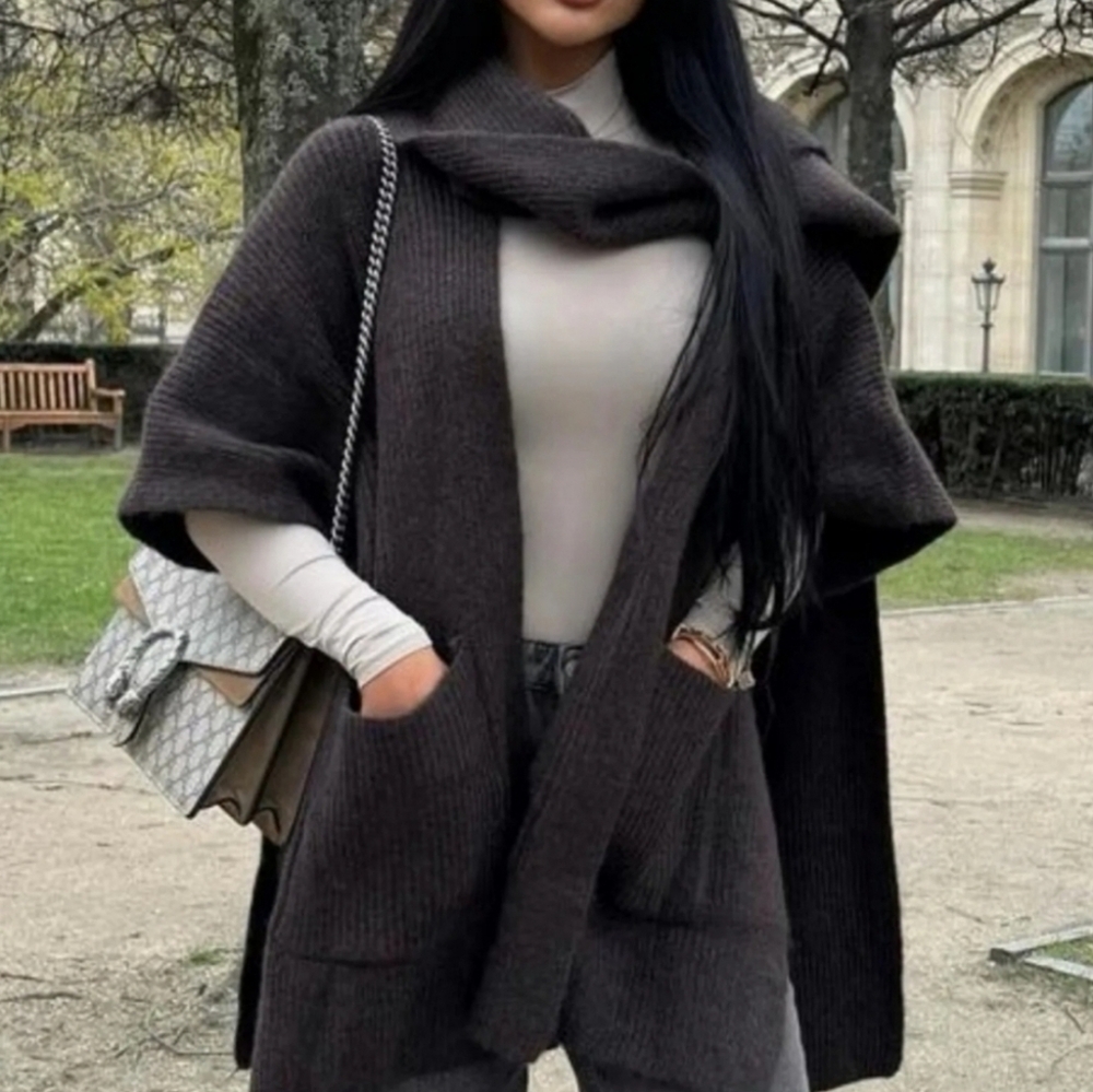 ZARA BROWN OVERSIZEDCHUNKY KNIT CAPE CARDIGANDRAPED NECK SCARF